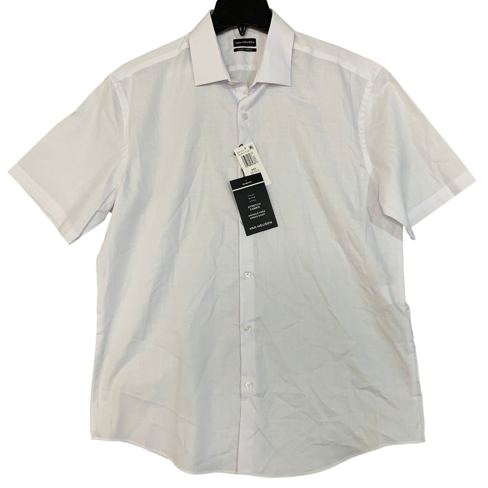 NWT Van Heusen Short Sleeve Button up Shirt Men's L 16-16.5 White Slim Fit
